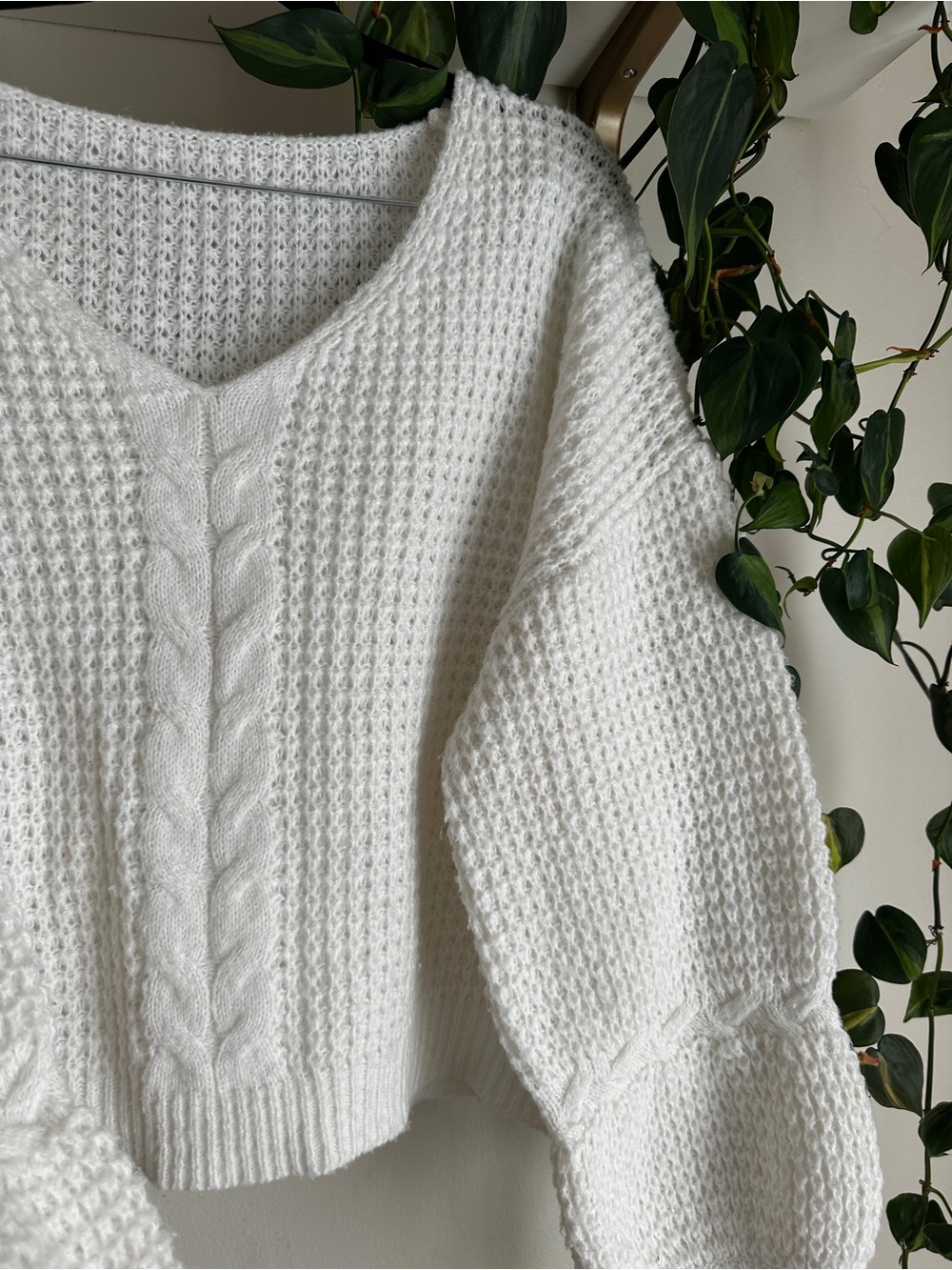 White Cable-Knit V-Neck Women's Sweater